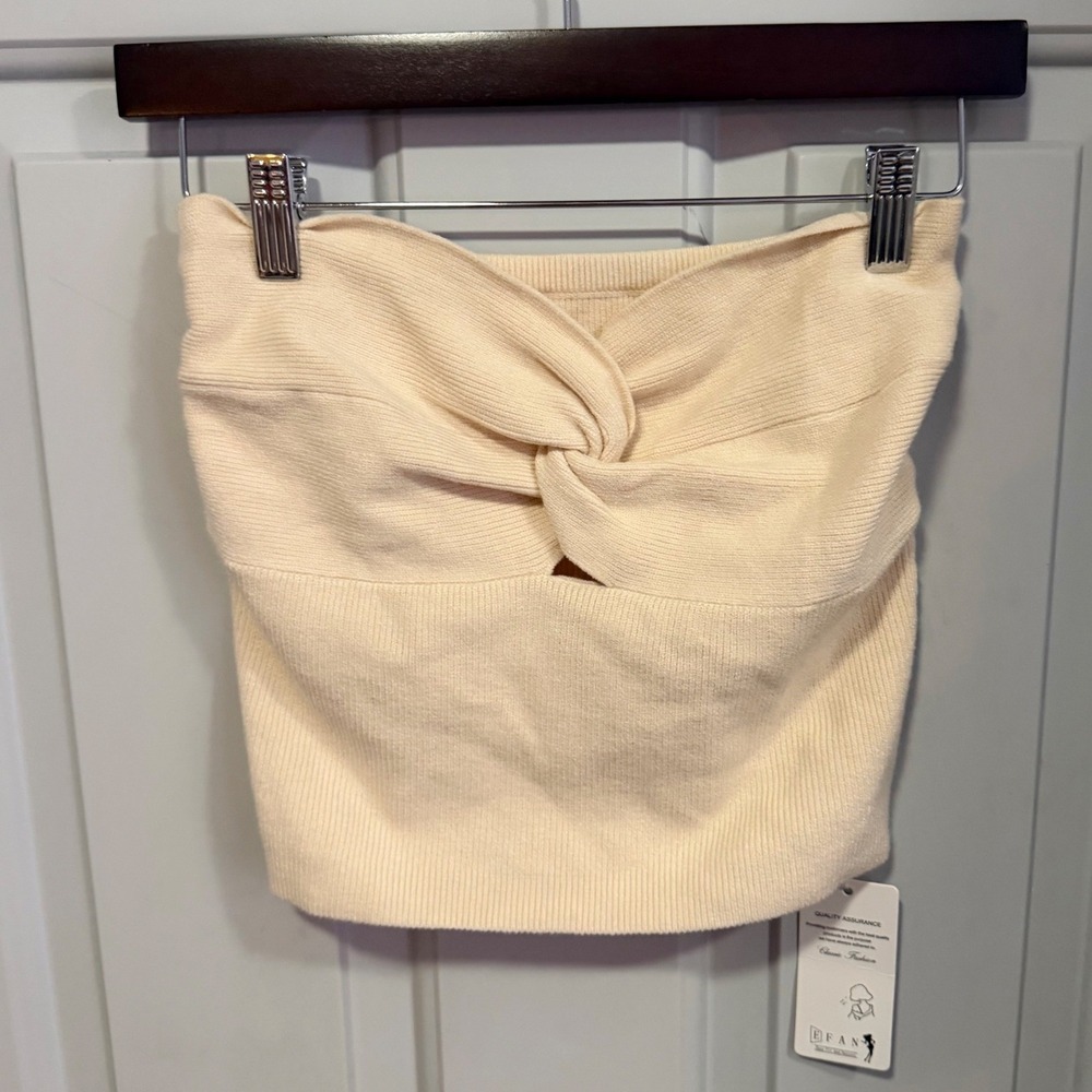 EFAN Tube Top Womens Medium Cream Ribbed Knit Twist Front Keyhole Crop Strapless